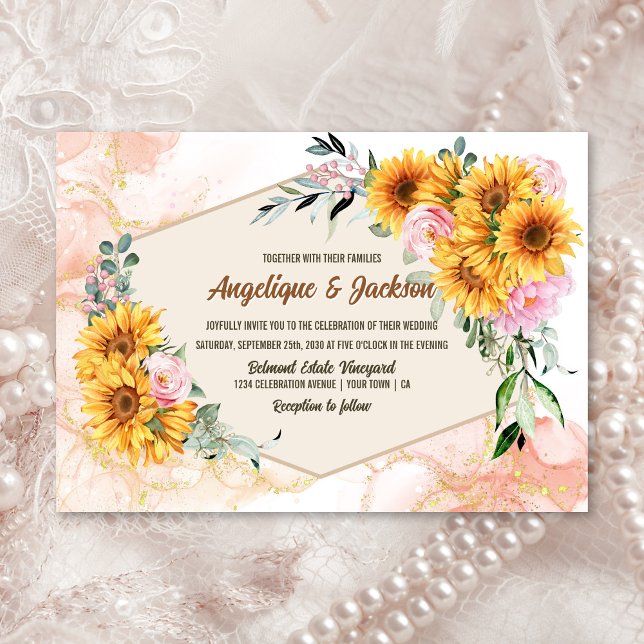 Invitation Élégant Mariage géométrique tournesol rose rose (Créateur téléchargé)