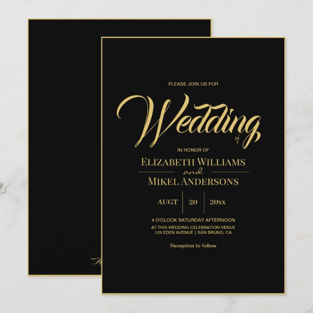 Invitation Élégant Mariage Gold Black Budget (Devant / Derrière)