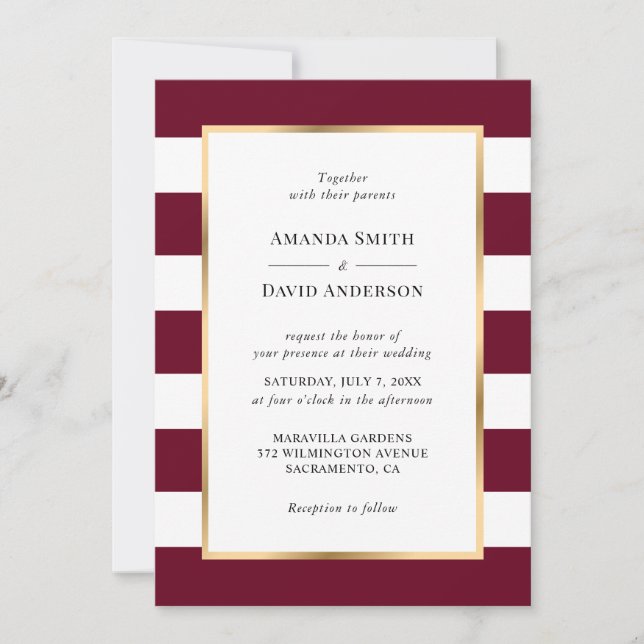 Invitation Elégant Mariage Gold Burgundy et White Stripes (Devant)
