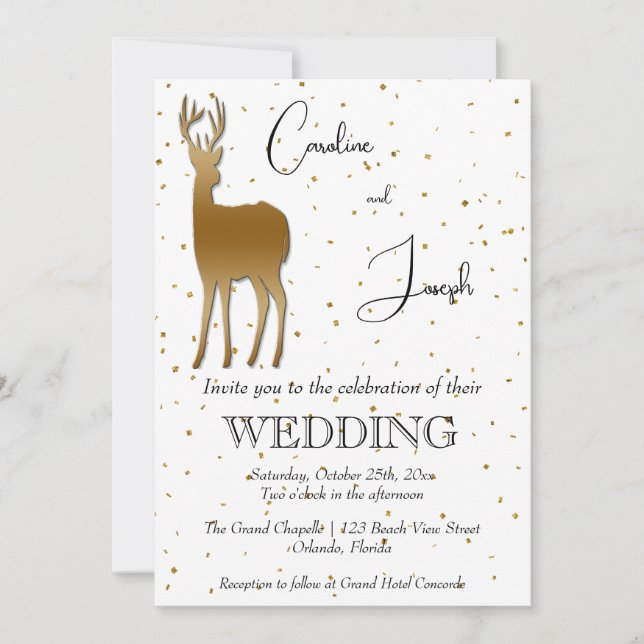 Invitation Elégant Mariage Gold Deer & Gold Confetti (Devant)
