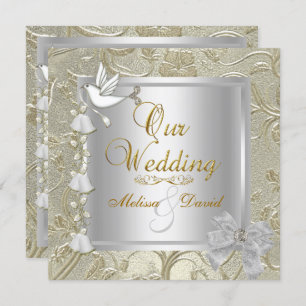 Invitation Elégant Mariage Gold Silver White Dove