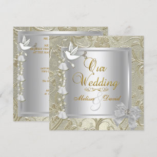 Invitation Elégant mariage Gold Silver White Dove Damask