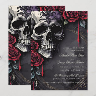 Invitation Élégant Mariage Gothique Crâne et Roses