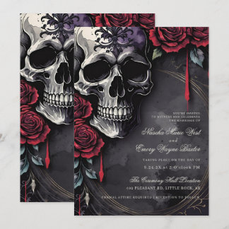 Invitation Élégant Mariage Gothique Crâne et Roses