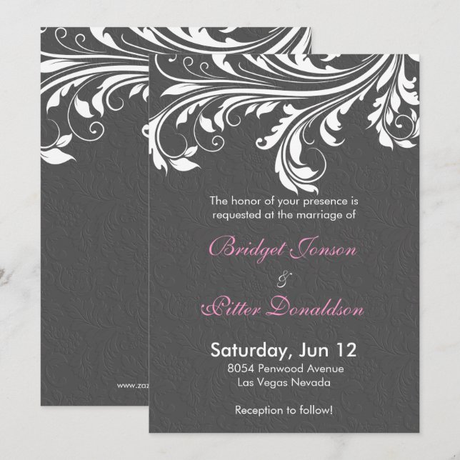 Invitation Élégant Mariage Gris Damas Et Flûtes Blanches (Devant / Derrière)