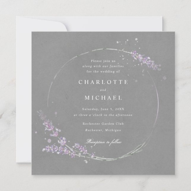 Invitation Elégant mariage gris lavande aquarelle (Devant)