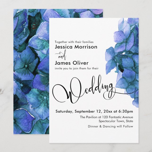 Invitation Élégant mariage Hydrangea aquarelle bleue calligra (Devant / Derrière)