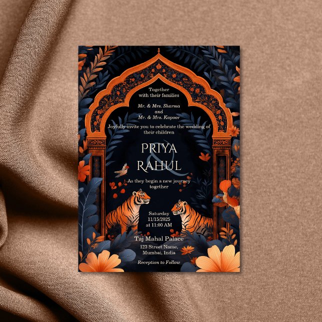 Invitation Élégant Mariage indien de l'Arc de tigres de la ma (indian wedding invitation with two tigers)