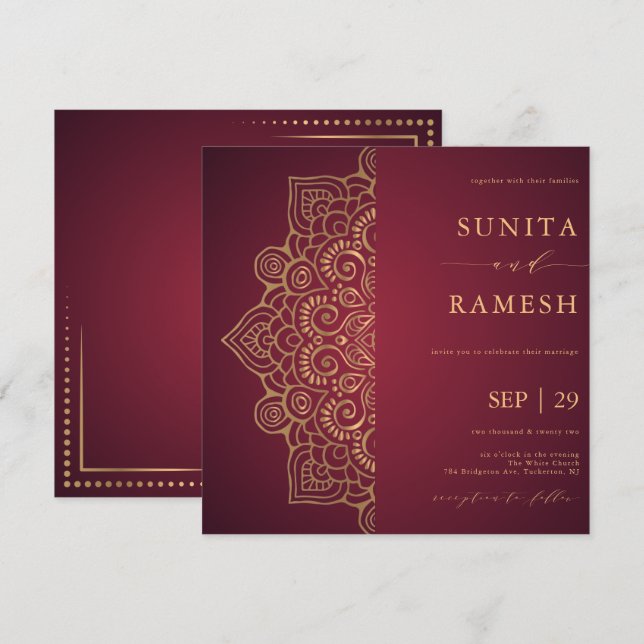 Invitation Élégant Mariage indien d'ethnie Mandala rouge et o (Devant / Derrière)