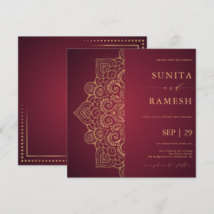 Invitation Élégant Mariage indien d'ethnie Mandala rouge et o