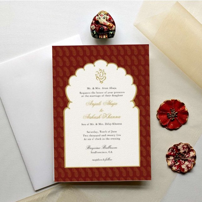 Invitation Élégant mariage indien Ganesh Red & Gold (Créateur téléchargé)