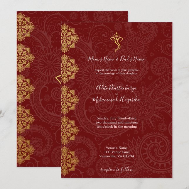 Invitation Élégant Mariage indien Gold & Red Ganesha (Devant / Derrière)