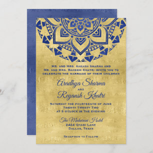 Invitation Élégant Mariage indien Mandala en or bleu