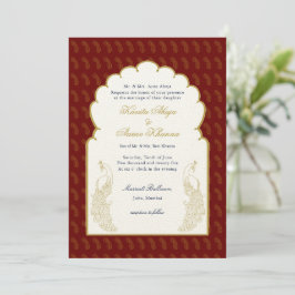 Invitation Élégant mariage indien Red & Gold Peacock