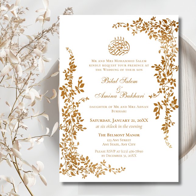 Invitation Élégant Mariage islamique de la feuille d'or (Créateur téléchargé)