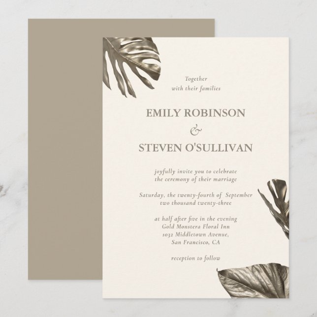 Invitation Élégant Mariage ivoire de la feuille d'or (Devant / Derrière)