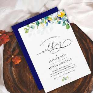 Invitation Élégant mariage jaune floral bleu blanc