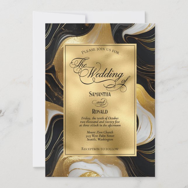 Invitation Elégant Mariage marbré Faux Gold, noir et blanc (Devant)