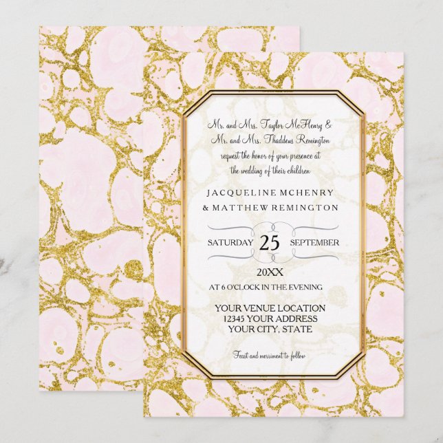 Invitation Elégant mariage marbré Rose de papier marbre or (Devant / Derrière)