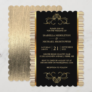 Invitation Élégant Mariage métallique noir et or