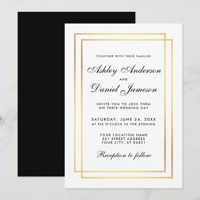 Invitation Elégant Mariage moderne Black White Gold Invitatio (Devant / Derrière)