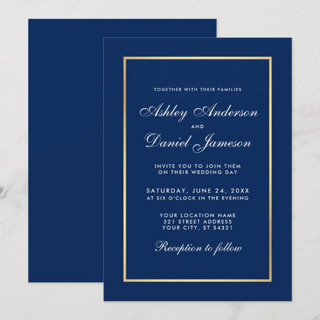 Invitation Élégant Mariage moderne classique bleu or (Devant / Derrière)