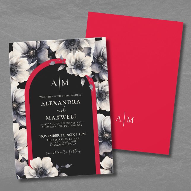 Invitation Élégant Mariage moderne noir rouge floral (Elegant Modern Black Red Floral Wedding Invitation)