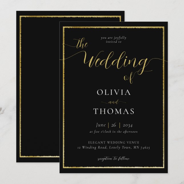 Invitation Élégant Mariage moderne simple noir blanc or (Devant / Derrière)