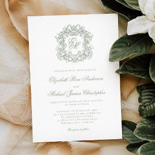 Invitation Élégant Mariage Monogramme Crête Vert Sauge