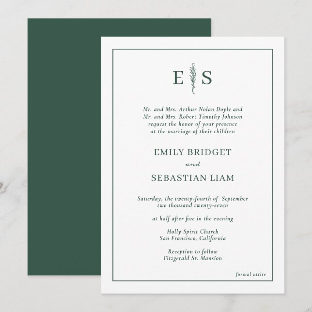 Invitation Élégant Mariage Monogramme Emerald Green (Devant / Derrière)