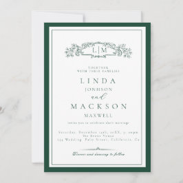 Invitation Élégant Mariage Monogramme Emerald Green Crest