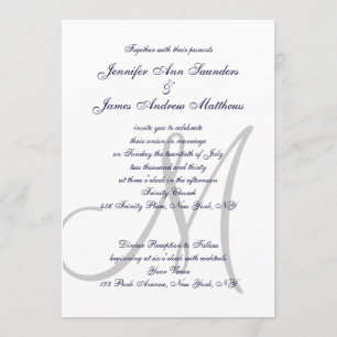 Invitation Élégant Mariage monogramme gris bleu marine