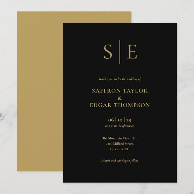Invitation Élégant Mariage Monogramme Noir Et Or (Devant / Derrière)