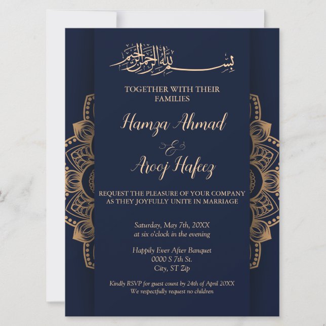 Invitation Élégant Mariage musulman islamique bleu et or (Devant)