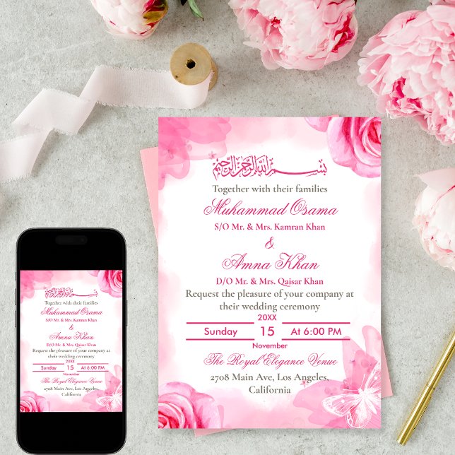 Invitation Élégant Mariage musulman musulman rose floral (Créateur téléchargé)
