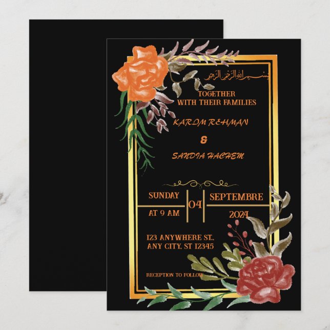Invitation Elégant Mariage musulman noir et or floral Invit (Devant / Derrière)
