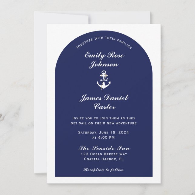 Invitation Elégant Mariage nautique blanc et marine (Devant)