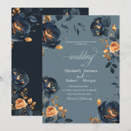 Invitation Elégant Mariage Navy Blue Gold Flowers