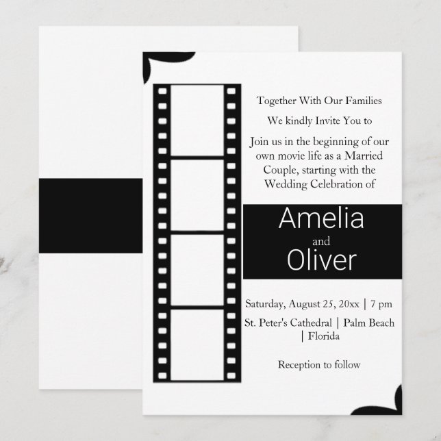 Invitation Élégant Mariage noir et blanc (Devant / Derrière)