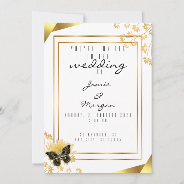 Invitation Élégant Mariage noir et blanc papillon brillant (Devant)