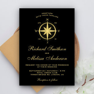 Invitation Élégant Mariage noir et or de boussole nautique