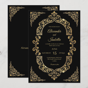 Invitation Élégant Mariage Noir Filigrane Doré Vintage