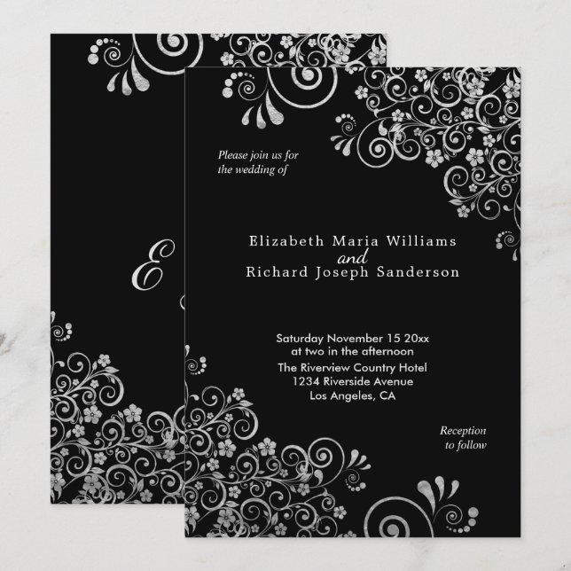 Invitation Élégant Mariage noir floral argent (Devant / Derrière)