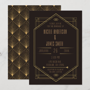 Invitation Élégant Mariage Noir Or Art Déco