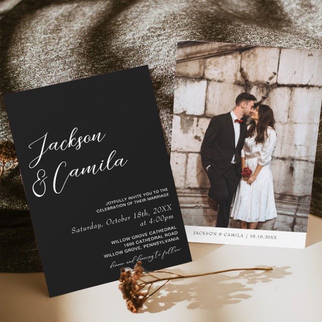 Invitation Élégant Mariage noir photo (Créateur téléchargé)
