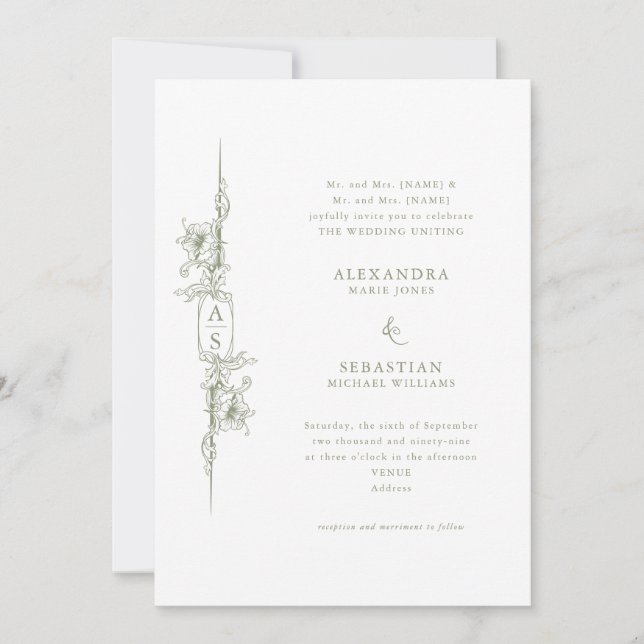 Invitation Élégant Mariage officiel baroque vert Sage (Devant)