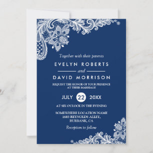 Invitation Elégant Mariage officiel en dentelle bleu marine b