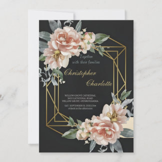 Invitation Elégant Mariage or bordeaux rouge et noir floral
