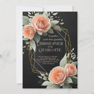 Invitation Elégant Mariage or bordeaux rouge et noir floral