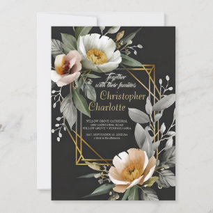 Invitation Elégant Mariage or bordeaux rouge et noir floral